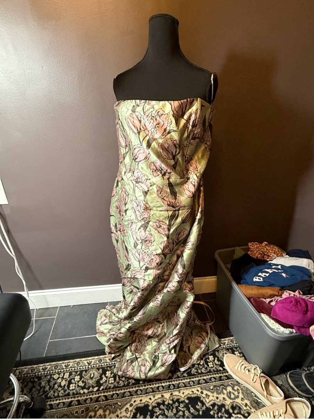 Lulu's Strapless Green and Pink Floral Maxi Dress